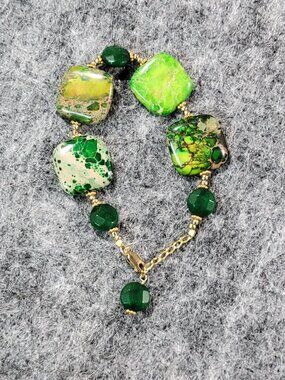 Chicklets Jasper Square Beads Adjustable Bracelet with Gold-Toned